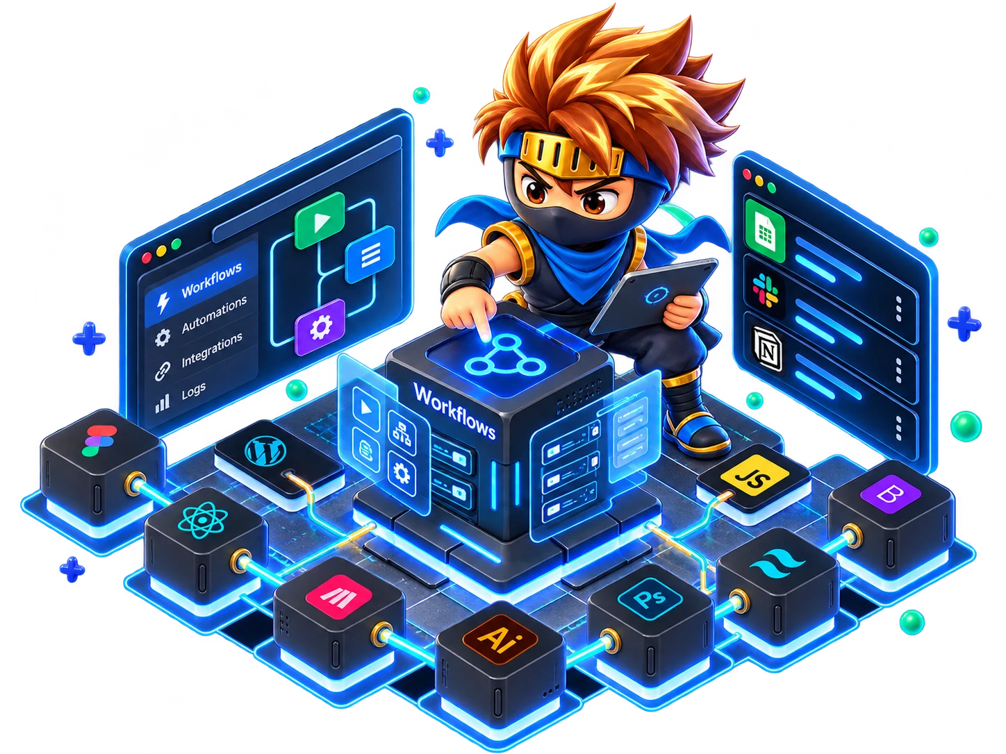 We Define Net ninja mascot building automated workflows connecting Figma, WordPress, React, Photoshop, Illustrator and more
